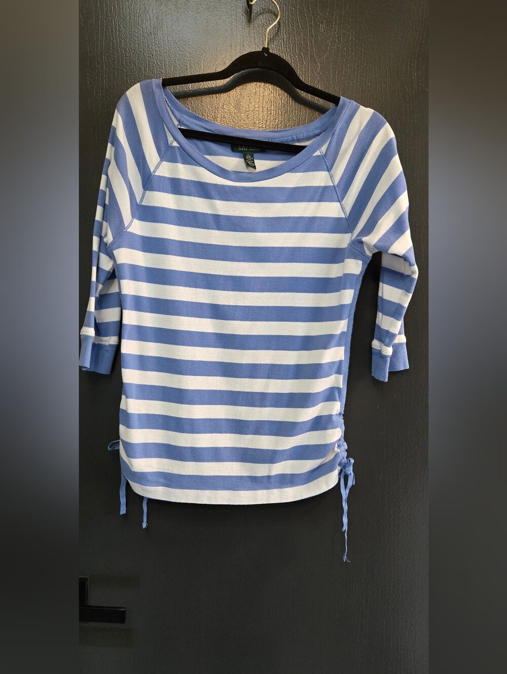 Lauren Ralph Lauren Blue White Striped 3/4 Sleeve Cinch Side Tie Top